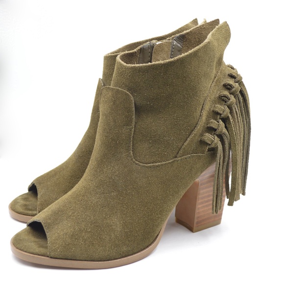 Marc Fisher Suede Leather Onita Fringe Peep Toe Booties Sage Green Size 7 - Picture 4 of 7